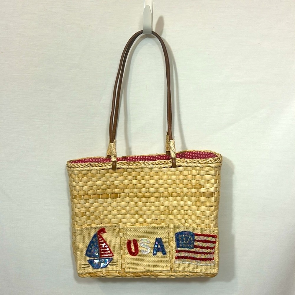QVC Patriotic Corn Husk Straw Tote Bag